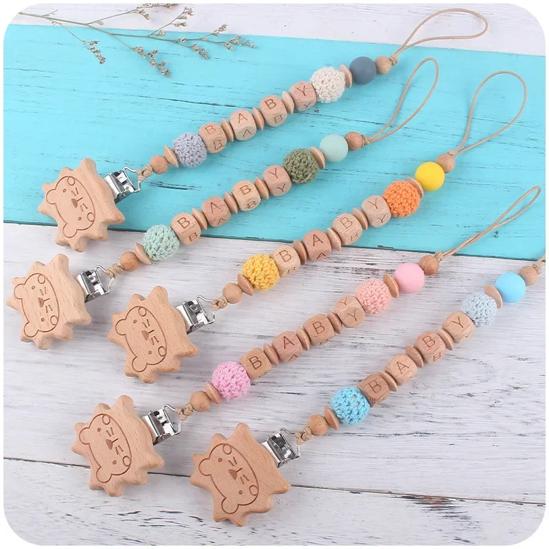 Kissteether Personalized Name DIY Baby Pacifier Clip Chain Lion Wooden Silicone Teethers Dummy Nipple Holder Clips Teething Toys