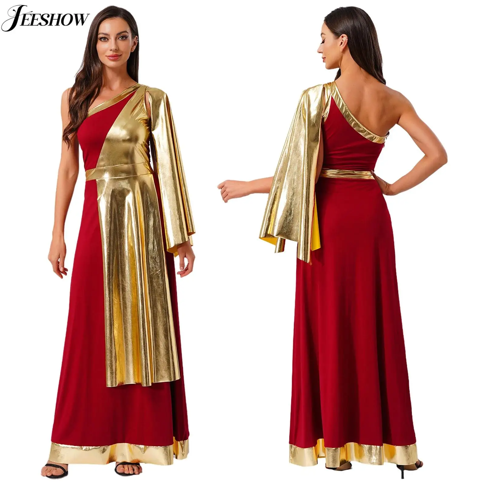 

Womens Ancient Greek Tunic Dress Halloween Roman Beauty Cosplay Costume Shiny Metallic Drape One Shoulder Sleeveless Toga Dress