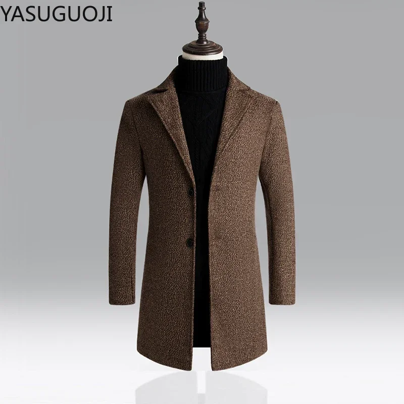 Men's Business Casual Wool Long Coat Streetwear Slim Fit Turn Down Collar Overcoats Male Winter Cotton Padding Trench Coat Men
