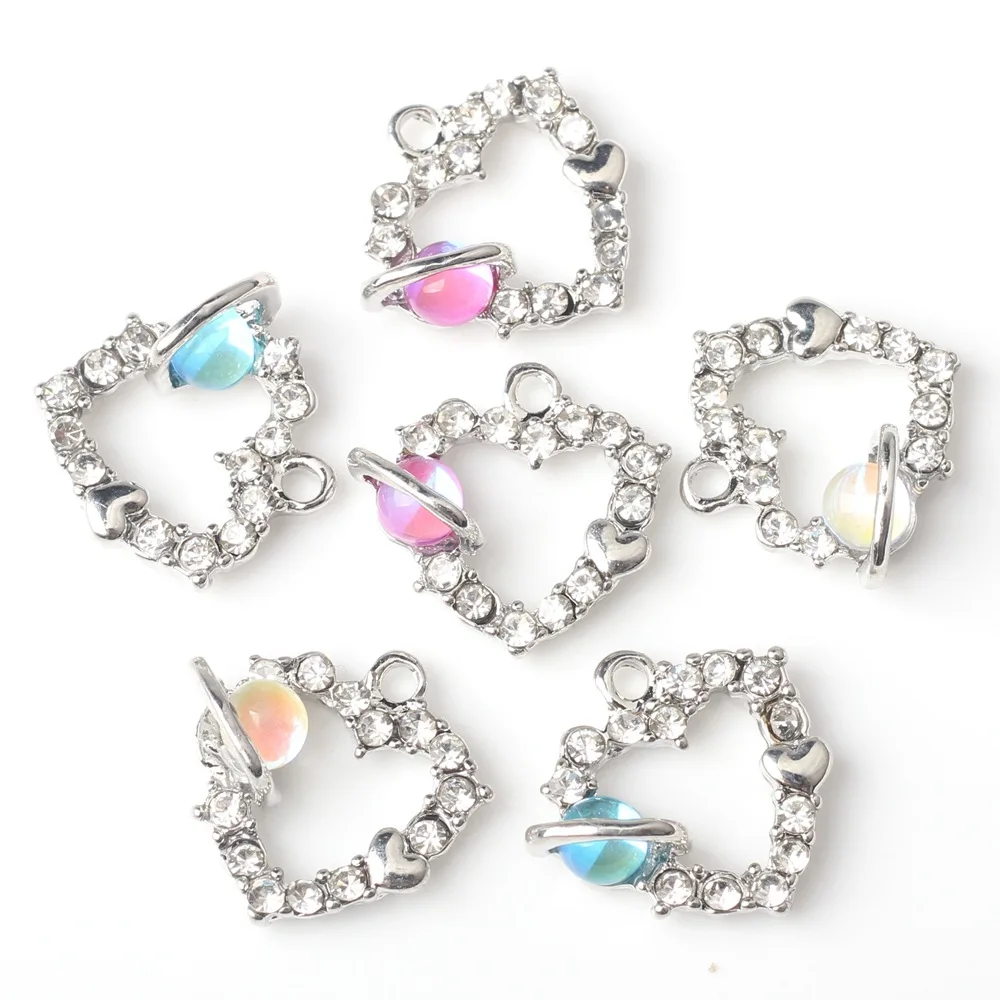 10pcs Alloy Inlaid Rhinestone Crystal Hollow Out Heart Shape Pendant Making Earrings Necklace Bracelet Charm Jewelry Accessories
