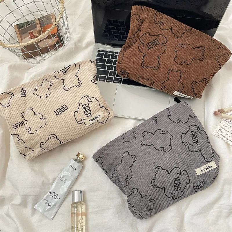 

Cute Bear Print Corduroy Cosmetic Bag Girl Korean Fahion Large Capacity Charge Cable Pouch Travel Lipstick Compact Organizer