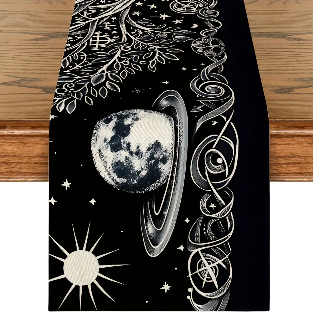 

1pc Celestial Moon Sun Star Table Runner Black White Gothic Occult Design With Mystical Vine Pattern For Kitchen Dining Table