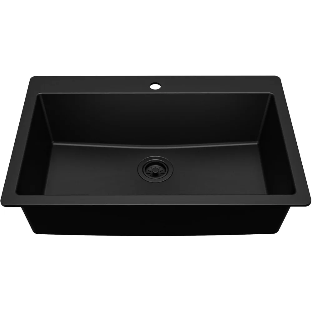 

Karran 33 Drop-In Top Mount Quartz Composite Single Bowl Kitchen Sink in Black – Extra Deep 9 Basin, Heat Resistant, Sound Dampe