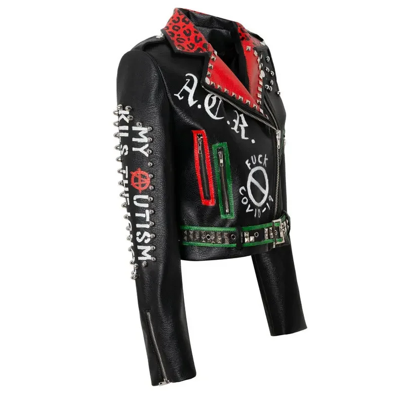 Streetwear Punk Style Studded Faux Leather Jacket Women 2024 New Slim-fit Short Contrast Graffiti Print Motorcycle Jacket XXXL