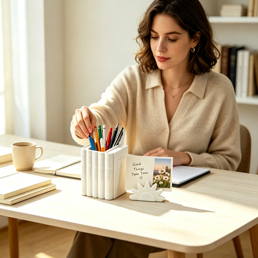 2-Piece Set of Book-Shaped Pen Holders and Sun-Shaped Note Holders. White, Simple, and Stylish Desktop Stationery Organizer in Book-Style Design. the Pen Holder Can Store Various Types of Learning and Office Stationery Such as Fountain Pens, Pencils, Markers, Rulers, Etc. the Sun-Shaped Note Holder Can Hold Note Paper, Photos, Cards for Memo Purposes and Display. Suitable for Multiple Settings Such as Home, Study Room, Office, School Classroom, Desk. Creative Design That Combines Practicality and Decoration. Ideal for Students and Office Workers