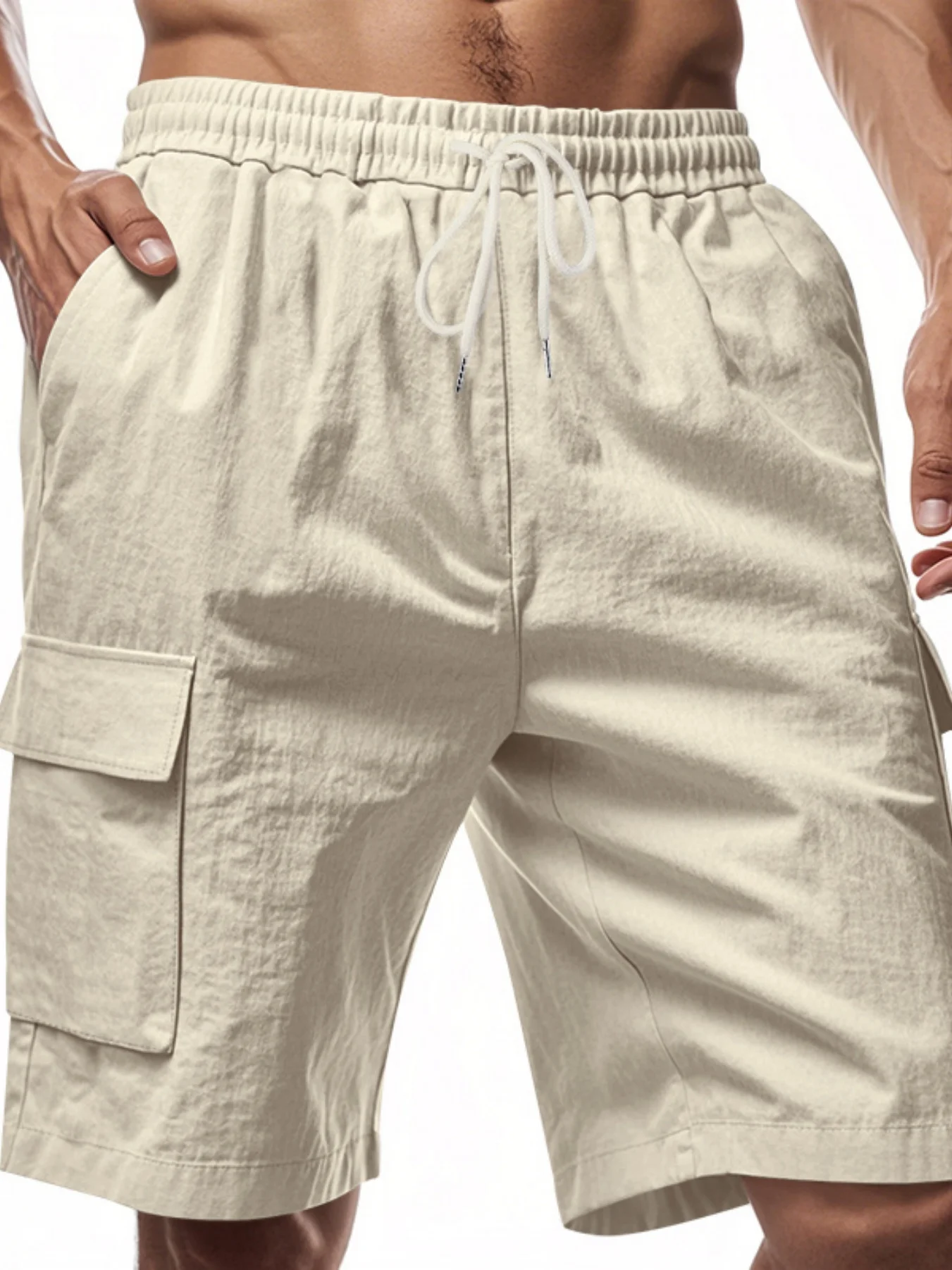 Sommer Neue Leinen-Atmungsaktive Baumwollähnliche Hose mit Kordelzug Elastischer Bund Einfarbig Schlichte Freizeit Allzweck Herren-Arbeitshose – Detail 7