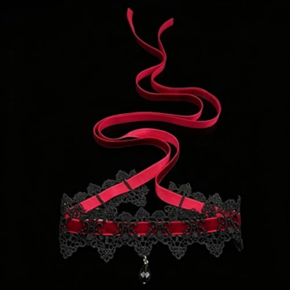Charm Retro Black Lace Wine Red Velvet Tie Choker Black Tassel Necklace for Women Christmas Neck Ornaments Jewelry Gift