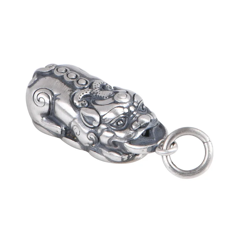 Solid Silver Pixiu Ancient Coin Pendant, Vintage Oxidized Craft Traditional Chinese Wealth Charm, DIY Necklace Jewelry Accessory