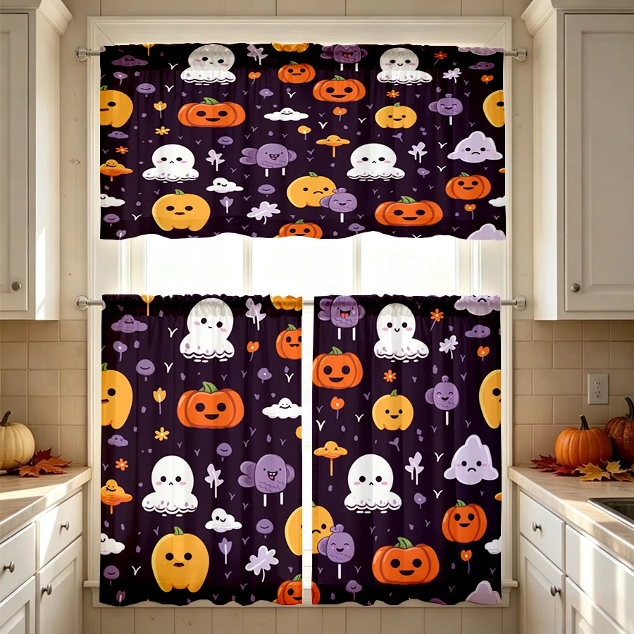 Halloween Fall Kitchen Curtains, Cute Ghost Mushroom, Digital Print, Kitchen Dining Room, Rod Pocket Polyester, Home Decor