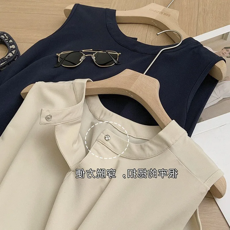 Casual Two Piece Set Women Sleeveless Loose Top High Waist Trouser Suits Female 2023 Summer Office Ladies Suit