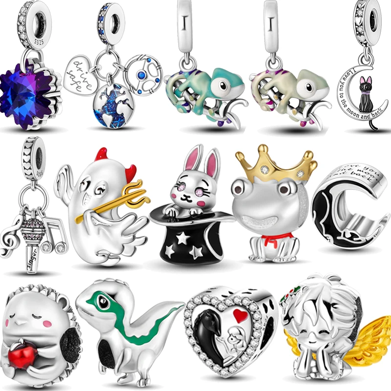 

New Cute Animal Charms 925 Sterling Silver Chameleon Black Cat Angle Frog DIY Bracelets Fit Original Pandora Jewelry For Party