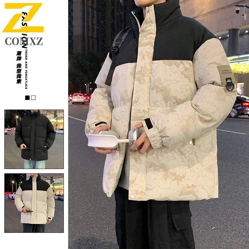 COMXZ Men's Stand Collar Puffer Jacket Warm Loose Fit Camouflage Patchwork Cotton-Padded Coat Thickened Waterproof Windproof