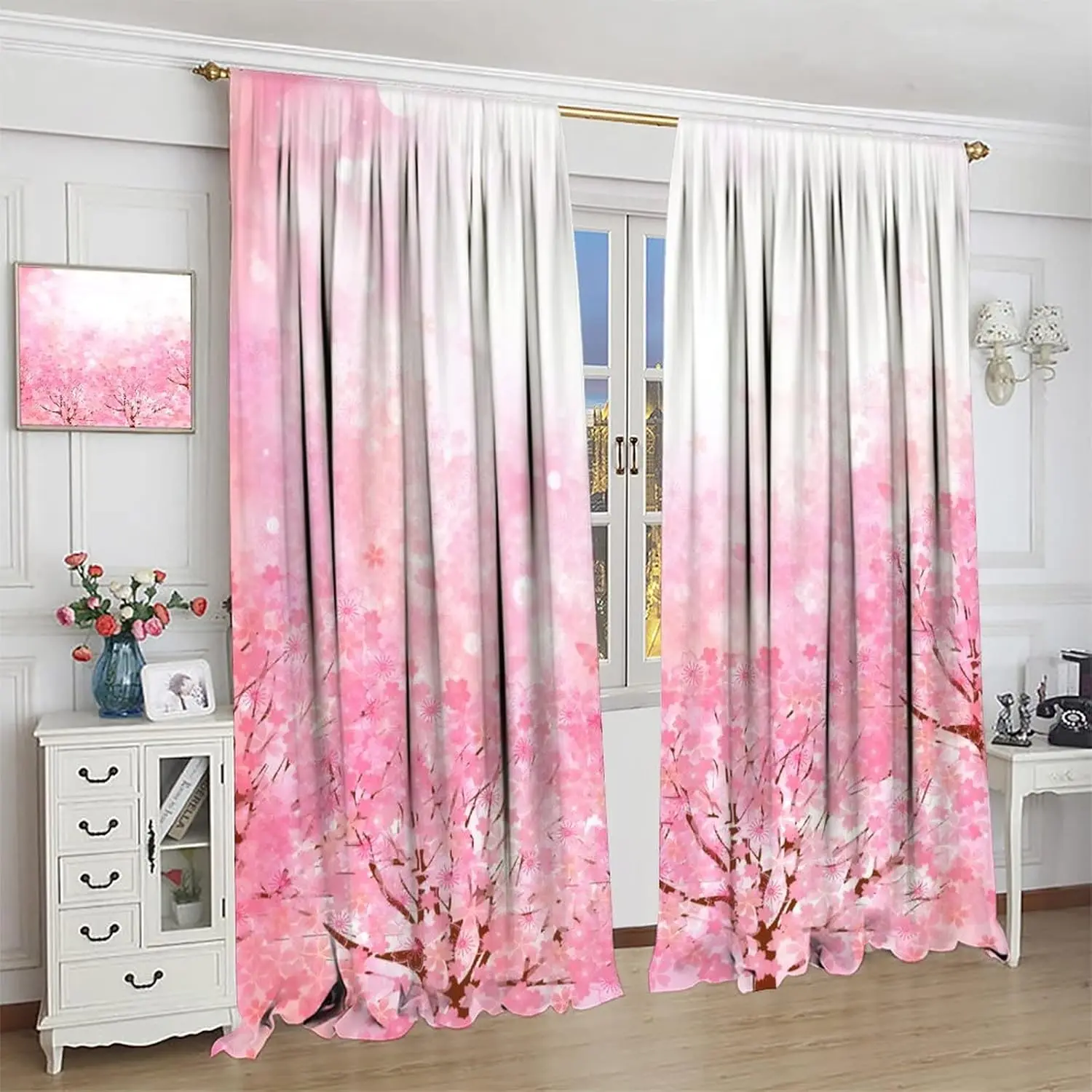 Light Pink Curtains, Japanese Cherry Blossom Cherry Tree Design Romantic Nature Themed Blackout Window Treatments Curtains Room