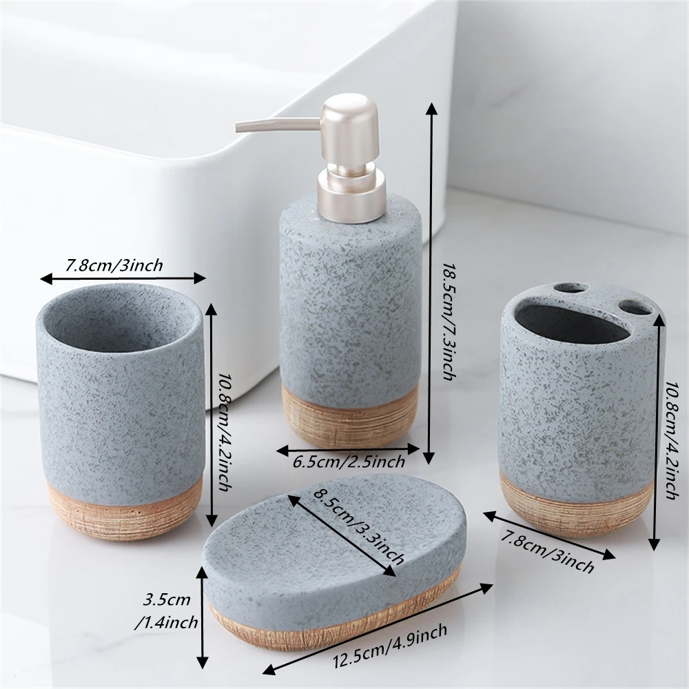 4PCS Brown Base Ceramic Bathroom Accessories, Includes Soap Dispenser, Toothbrush Holder, Toothbrush Cup, Soap Dish for Home