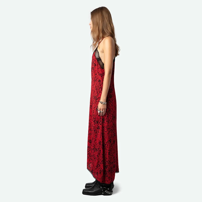 Zadig Summer Dress Woman Sexy Lace Splicing Halter Dresses Female Elegant Silk Sexy V-Neck Black Print Fashion Lady Red Robes