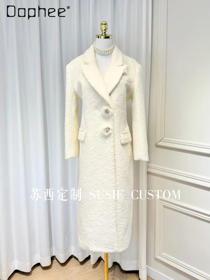 High-end Elegant Wool Coat Suit Collar Three-dimensional Fur Flower Buttons Mid-length Coat French Socialite Tweed Coat Thicken