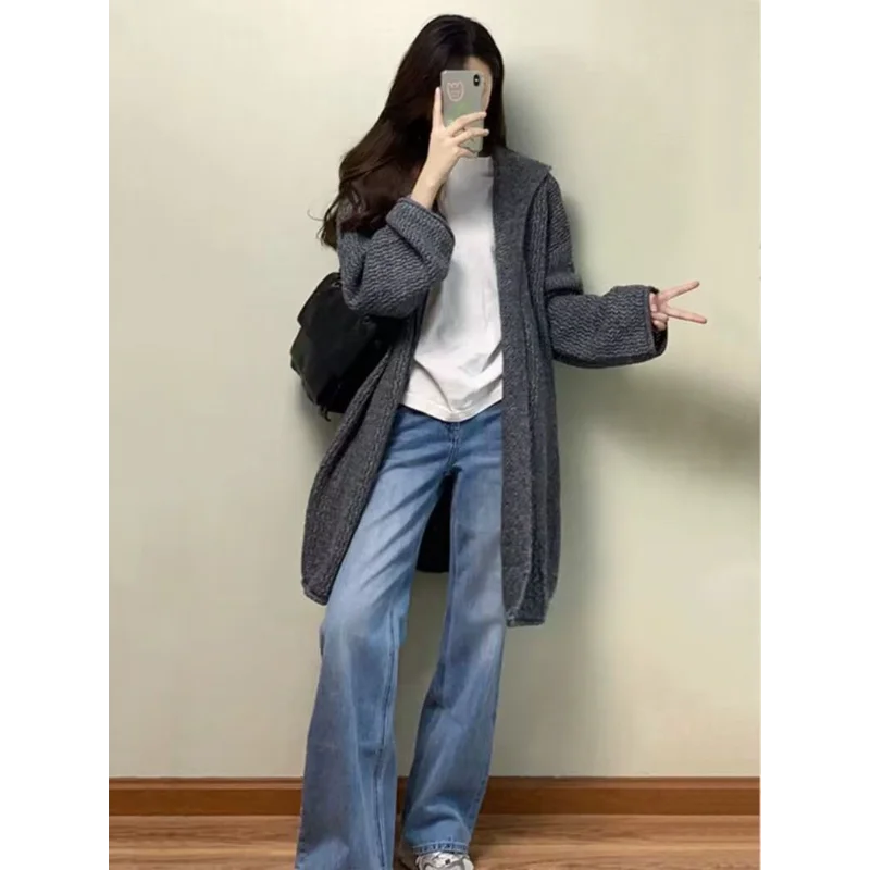 

Новая осенняя универсальная длинная куртка с капюшоном и женственным темпераментом, серый повседневный вязаный кардиган, модный повседневный топ