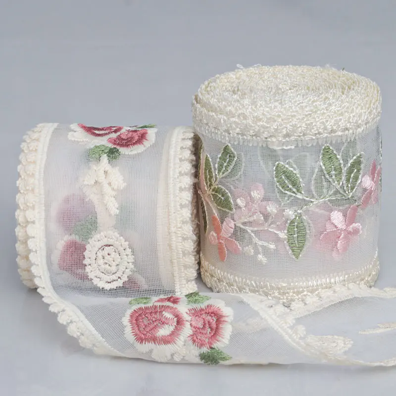 New Chinese Style 9cm 5yards Flower Embroidery Transparent Mesh Lace Trim for Headdress Making Clothing Decor Sewing Fabric