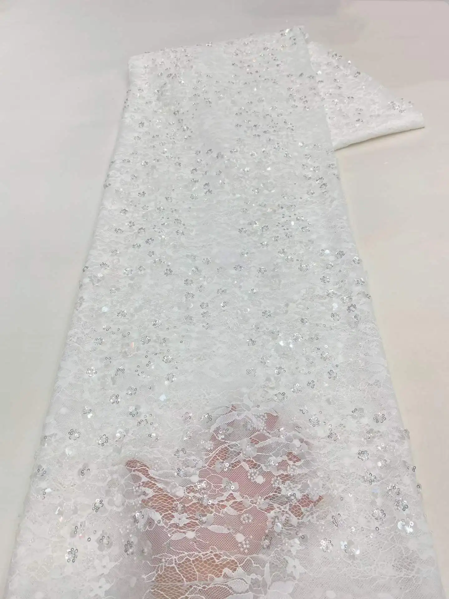 French Beaded Lace Bride Fabric 5 Yards High Quality Elastic African Sequin Lace Fabric Nigeria Mesh for Women Wedding Dress