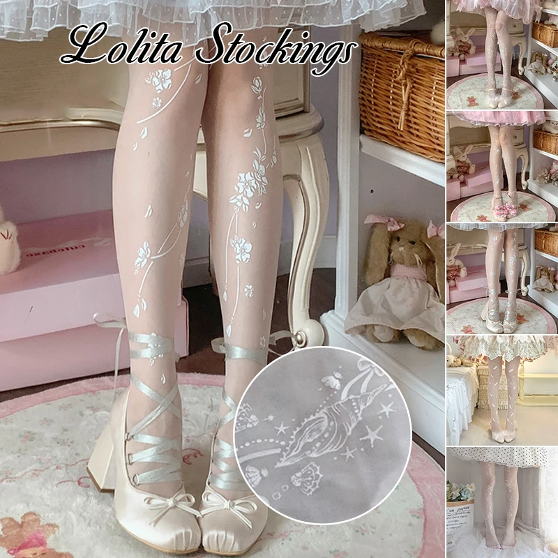 Weiße transparente Strumpfhosen Süße Lolita Tattoo Strümpfe Rose Blumen/Schmetterlinge/Federn Anime Y2K Mädchen Sexy Stretch Strumpfhosen