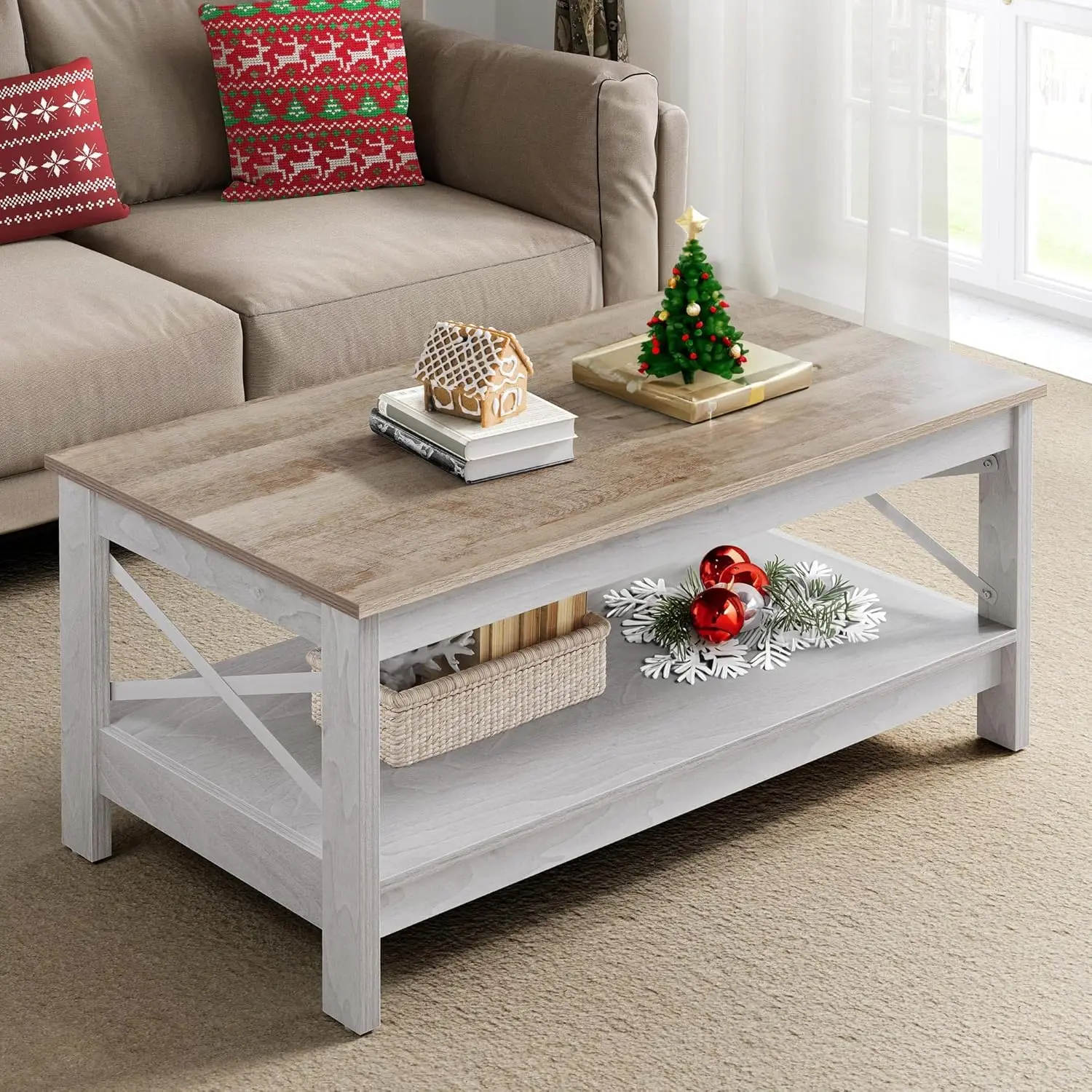 

Modern Farmhouse Coffee Table with Storage, 2-Tier Wood Center Table for Living Room, Sturdy Frame in Grey Wash