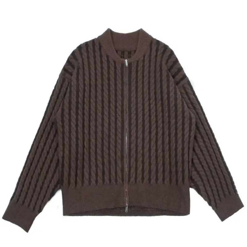 American Retro Color Contrast Vertical Twist Pattern Cardigan Men's Casual Zipper Sweater Coats Versatile High Street Knitwear