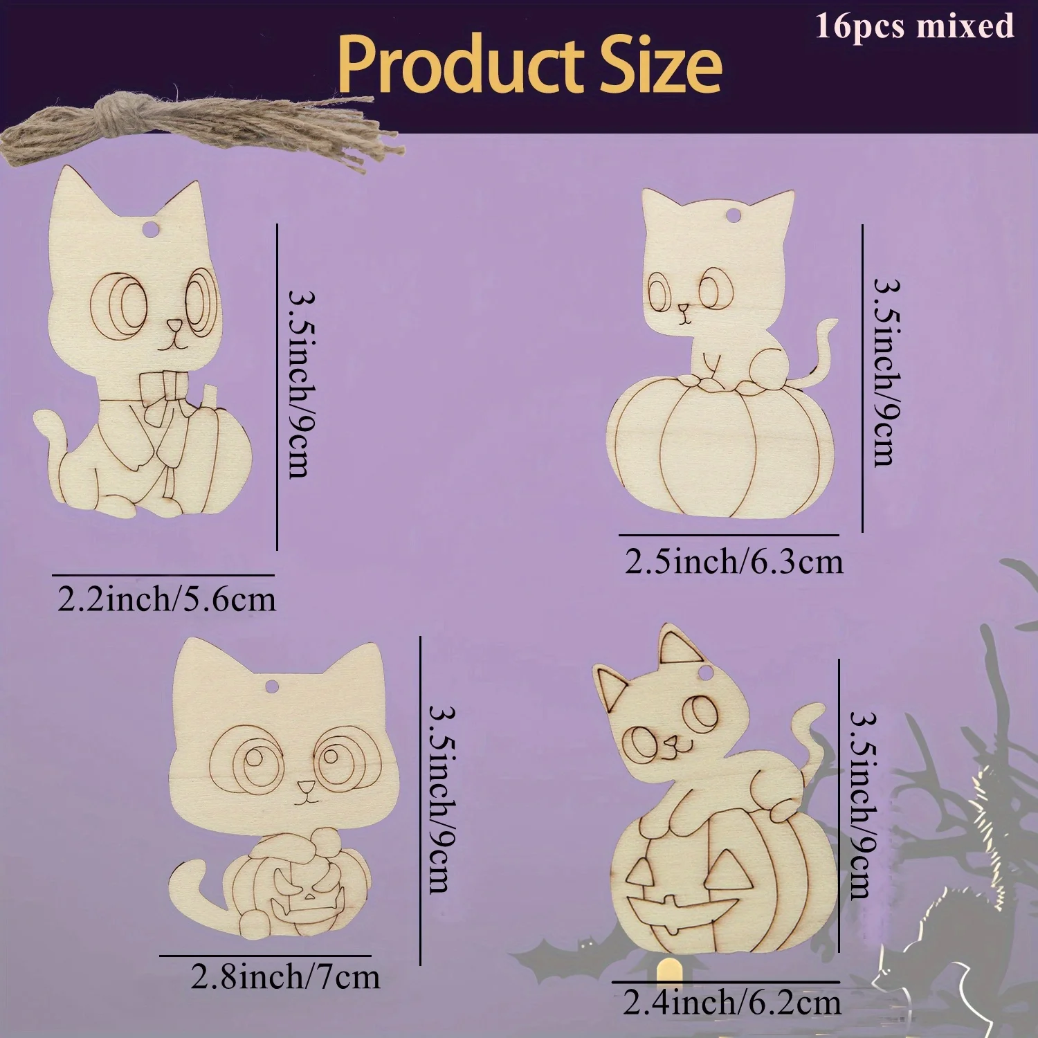 16pcs Wooden Halloween Unpainted Hanging Crafts Cartoon Cat Pumpkin Ornament for Halloween Decoration DIY Painting Gifts Supply