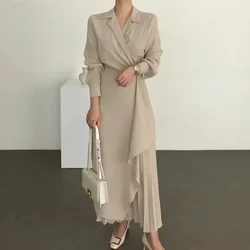 2024 Autumn Dresses Women Pleated Formal Elegant Shirt Long Dress Office Lady Muslim Vintage Solid Color Suit Evening Vestido