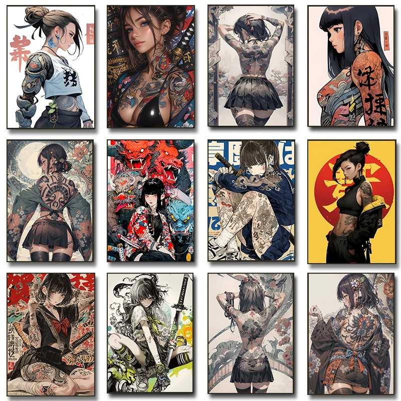 Japanese Samurai Lady Poster Hot Girl With Japanese-Style Dragon Tattoos Prints Canvas Painting Wall Art Picture Home Room Decor