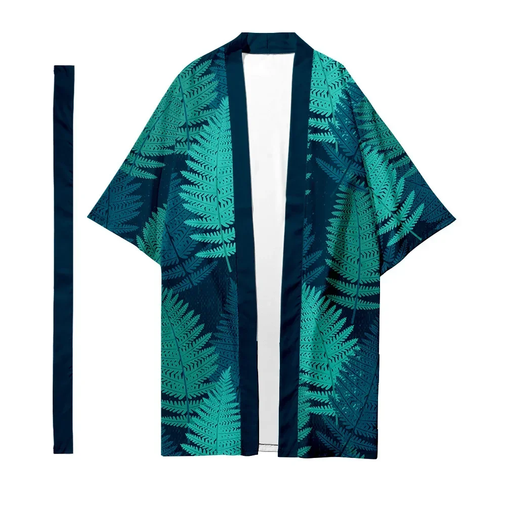 

Men's Japanese Traditional Ethnic Long Kimono Fashion Cardigan Women Kimono Plant Leaf Pattern Kimono Shirt Jacket Yukata