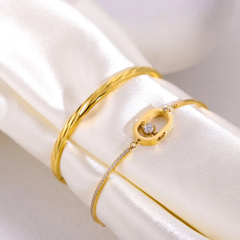 Minimalist 2 in 1 Bracelet Bangle Set 18K Gold Plated Stainless Steel Hollow Oval CZ Twisted Women Jewelry