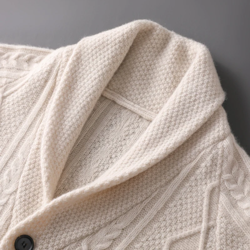 Autumn Winter New Five Needle Thick 100% Merino Wool Sweater Men's Lapel Knitted Cardigan Business Casual Warm Shirt Menswear