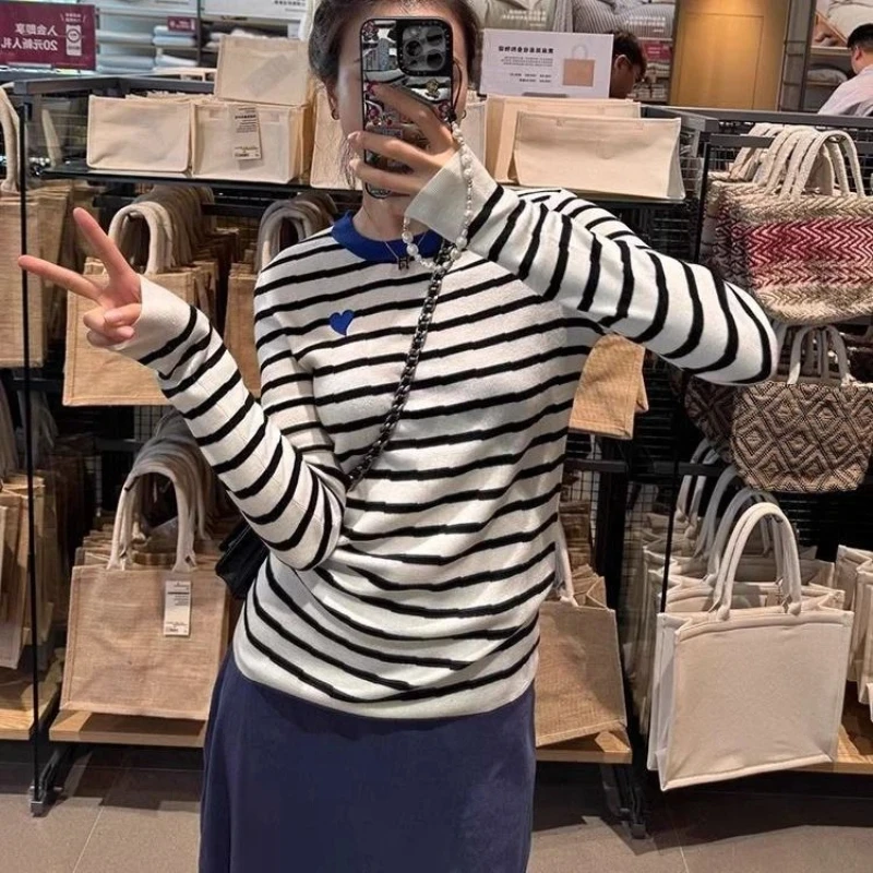 

Korean Striped Knitting Slim All-match Pullovers Spring Autumn Long Sleeve Contrast Casual Sweaters Fashion Trend Women Clothing