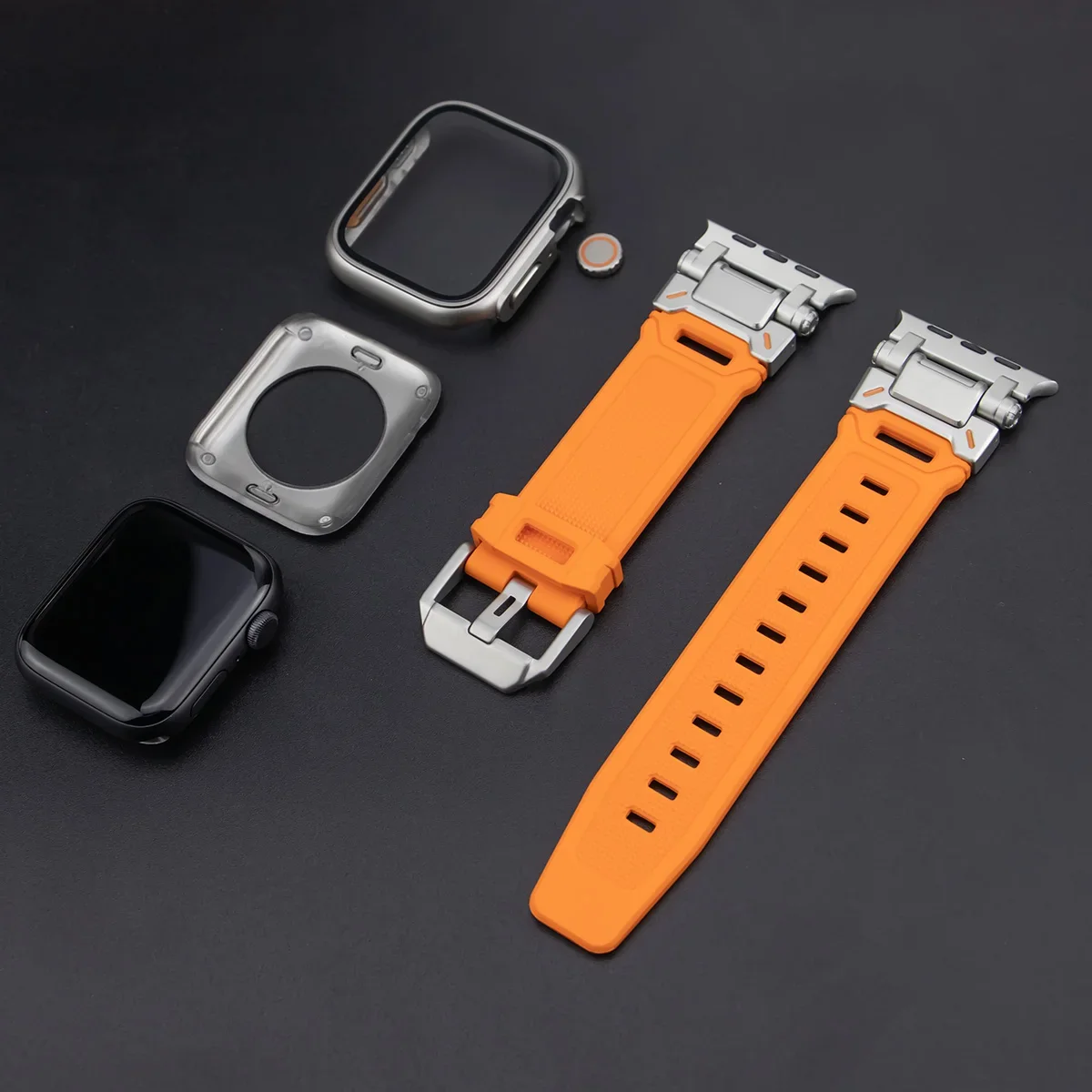 Silicone Strap+Case for Apple Watch Band 44mm 45mm Titanium Color Link For IWatch Series 9 8 7 6 SE 5 4 Screen Protector Cover