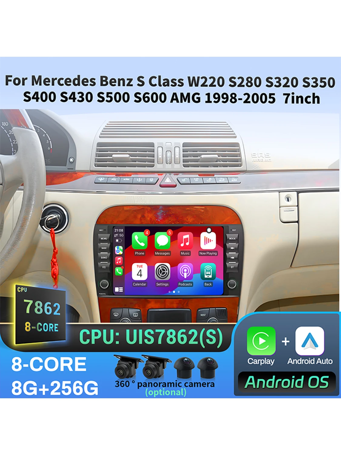 7 inch Autoradio Voor Mercedes Benz S Klasse W220 S280 S320 S350 S400 S430 S500 S600 AMG 1998-2004 2005 BT CarPlay Touchscreen - afbeelding 2