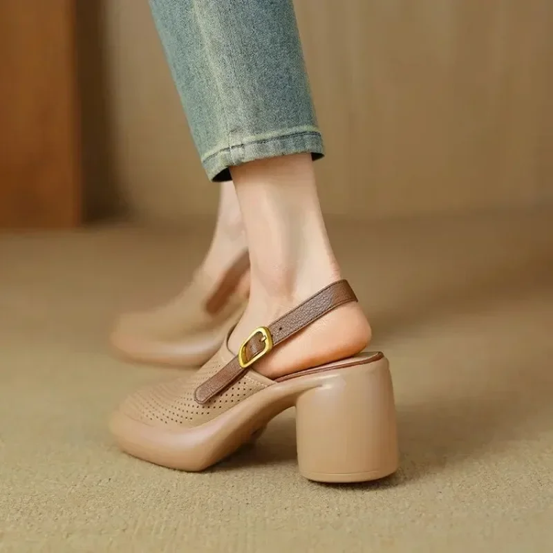 2024 New Luxury Sandalias De Mujer Summer Mid Heels Chunky Casual Designer Dress Pumps Mules Breathable Shoes Zapatos Ladies