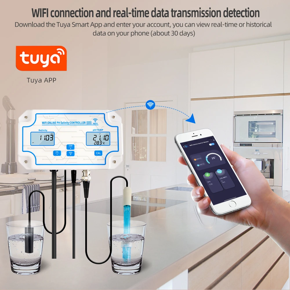 App Testador de Qualidade da Água Controle Online Monitor para Aquário Piscina Tuya Digital Wifi Tds Orp Temp ce Sal ph Medidor em 1