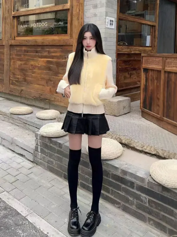 

Faionable Fake Two-Piece Eco-Friendly Fur Top Women's Stand Fit Long Sve Zipper Closure Warm Gentle Sle Winter Faion