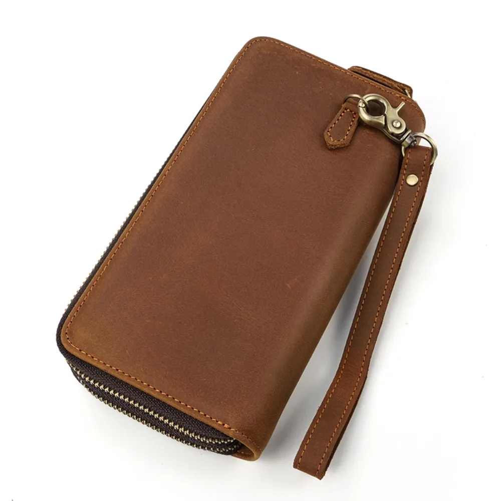 

Men's Leather Long Simple and Versatile Fashion Wallet Double Zipper Wallet First Layer Cowhide Clutch Bag Oversized Change Bag