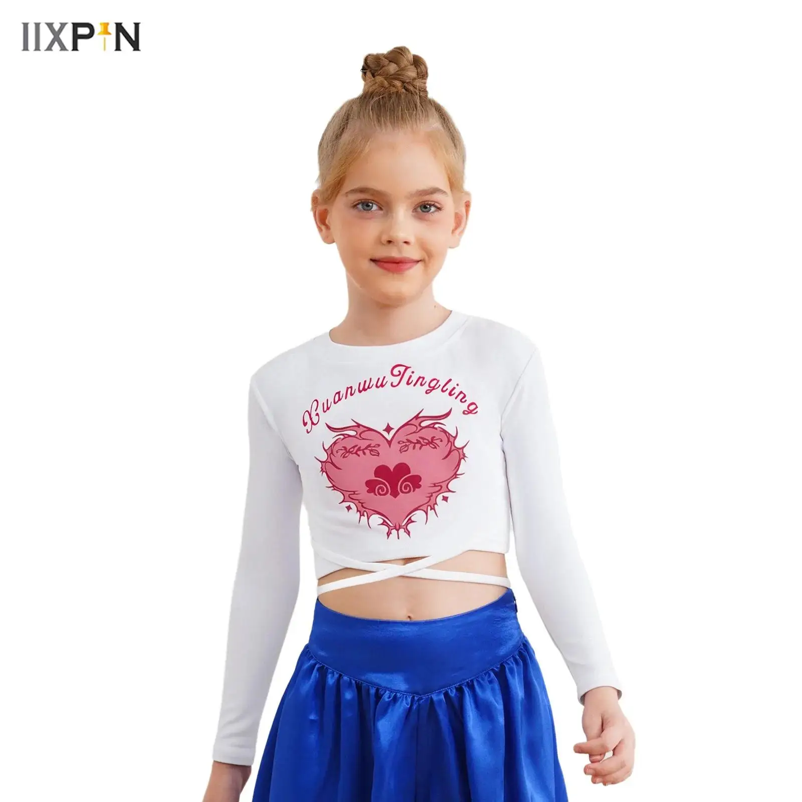 

Kids Girls Hip-Hop Jazz Dance Tops Lace-up Heart Letter Printed Crop Top Round Neck Long Sleeve T-shirt Pullover Tops Streetwear