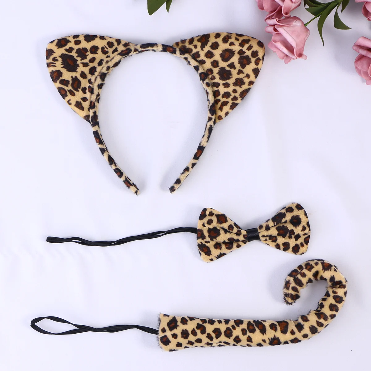 3Pcs Kids Animal Ears Headband Ears Bow Ties Tail Set Party Cosplay Costume Cosplay Fluffy Plush Hairband (Yellow Leopard Print)