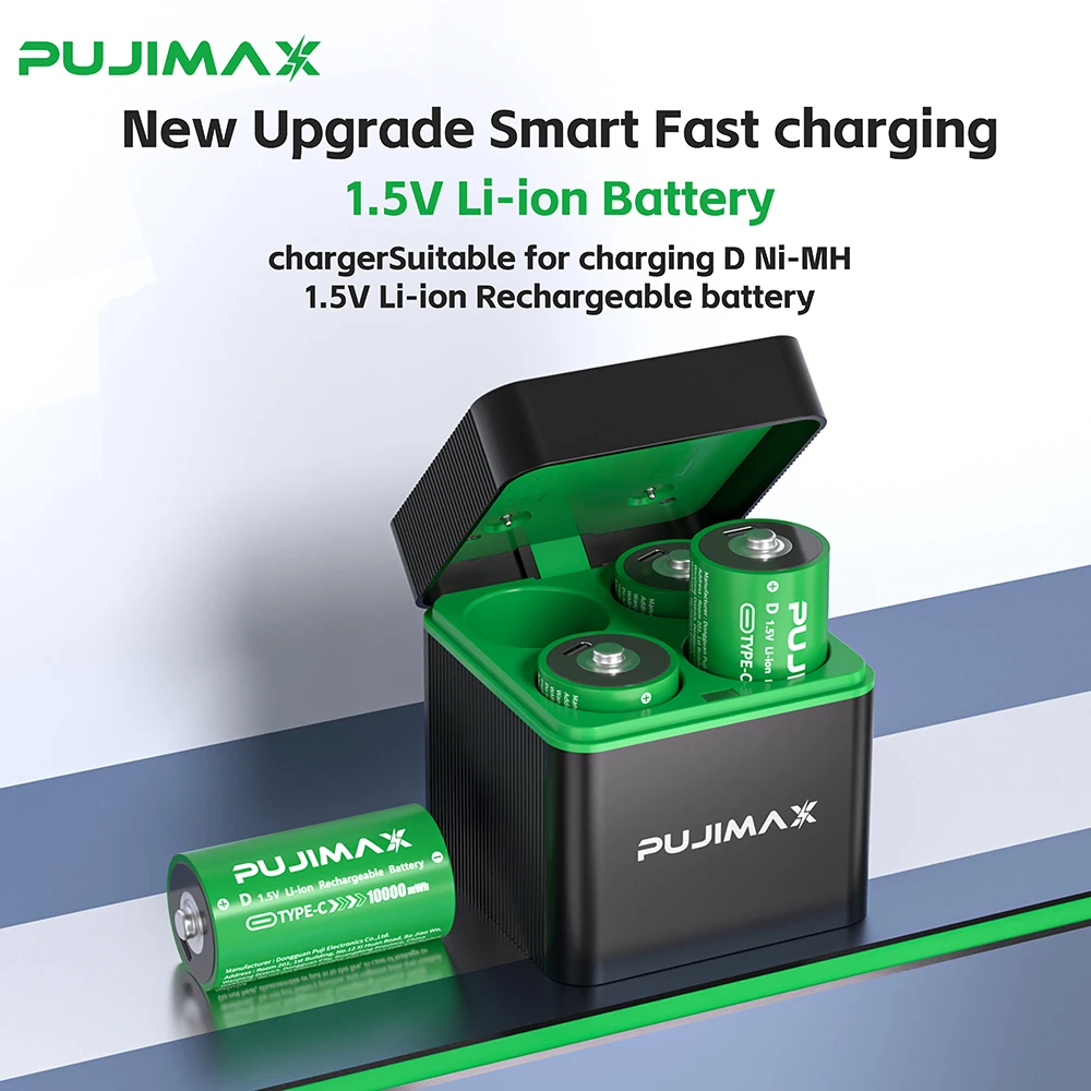 

PUJIMAX 10000mWh Rechargeable D Size Batteries 4-slot Charger LR20 Li-ion 1.5V Battery for Gas Appliances Liquefied Gas Cooker