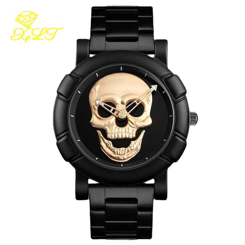 Skull Casual Sport Watches for Men Steel Band Non-mechanical Quartz Watches Chronograph Wristwatch