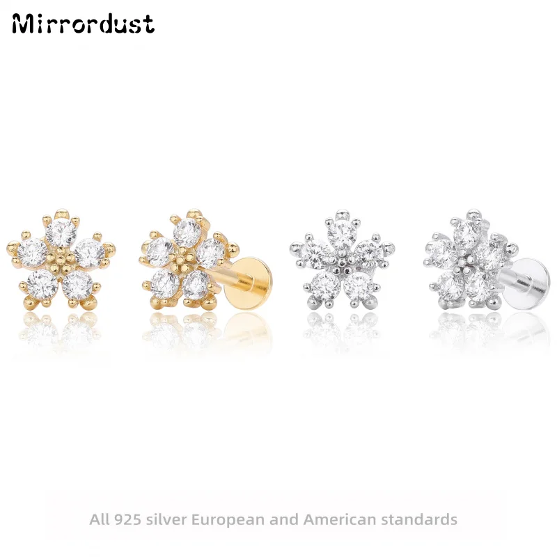 

【Mirrordust】S925 Серебряные серьги-гвоздики с бриллиантами, инкрустированные цветами, пирсинг с резьбой для ушей, модные серьги с цирконом, простые изящные ювелирные изделия