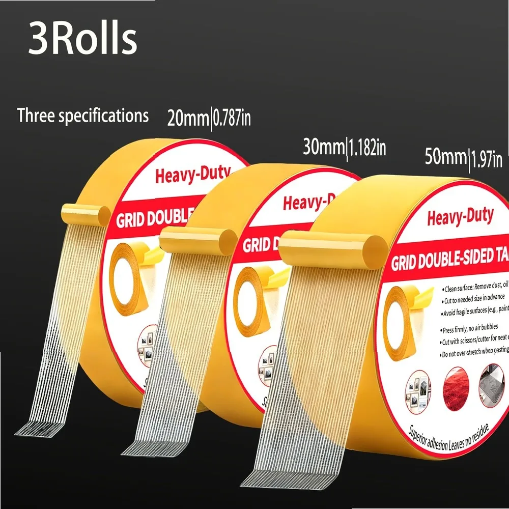 3 Rolls Heavy Duty Double Sided Tape, Mesh Cloth Backing Super Strong Adhesive for Carpets, Walls & Plastic, Indoor