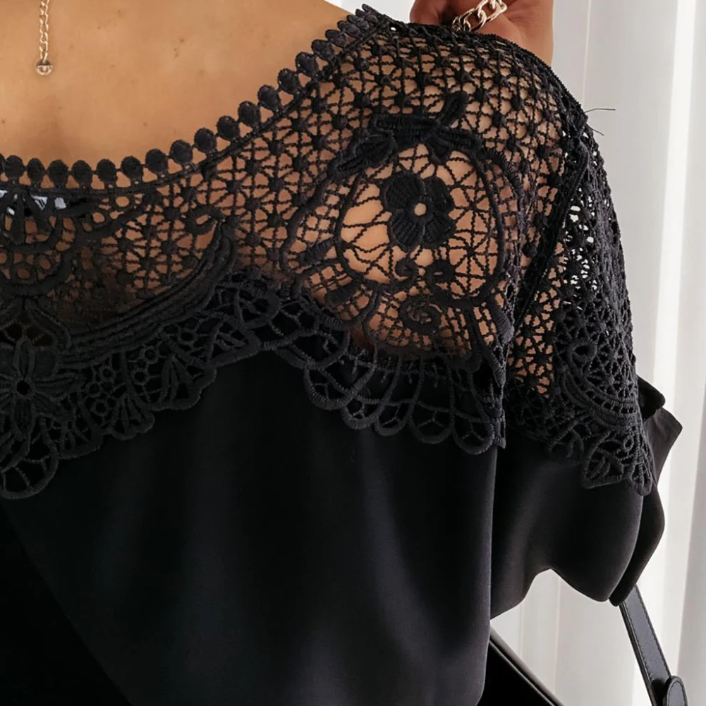 

Women Long Sleeved Lace Shirt Transparent Patchwork Casual Loose Fit Round Neck Suitable for Shopping and Outings