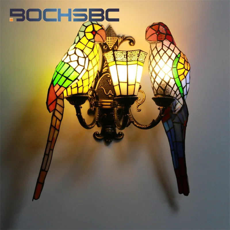 BOCHSBC Tiffany Stained Glass European Style wall lamps Multi-headed Parrot series Decor balcony bedroom hallway wall light