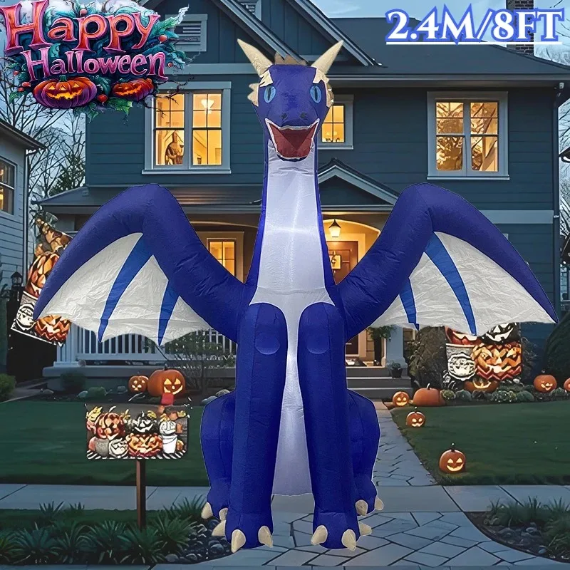 8FT Inflatable Toys Halloween Holiday Lighting Blue Dragon Decoration Built-in LED Lights Inflatable Model Party Garden Decor