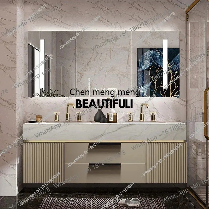 

Light Luxury Slate Integrated Basin Bathroom Cabinet Double Washbasin Combination Toilet Washbasin Modern Simple Oak Smart