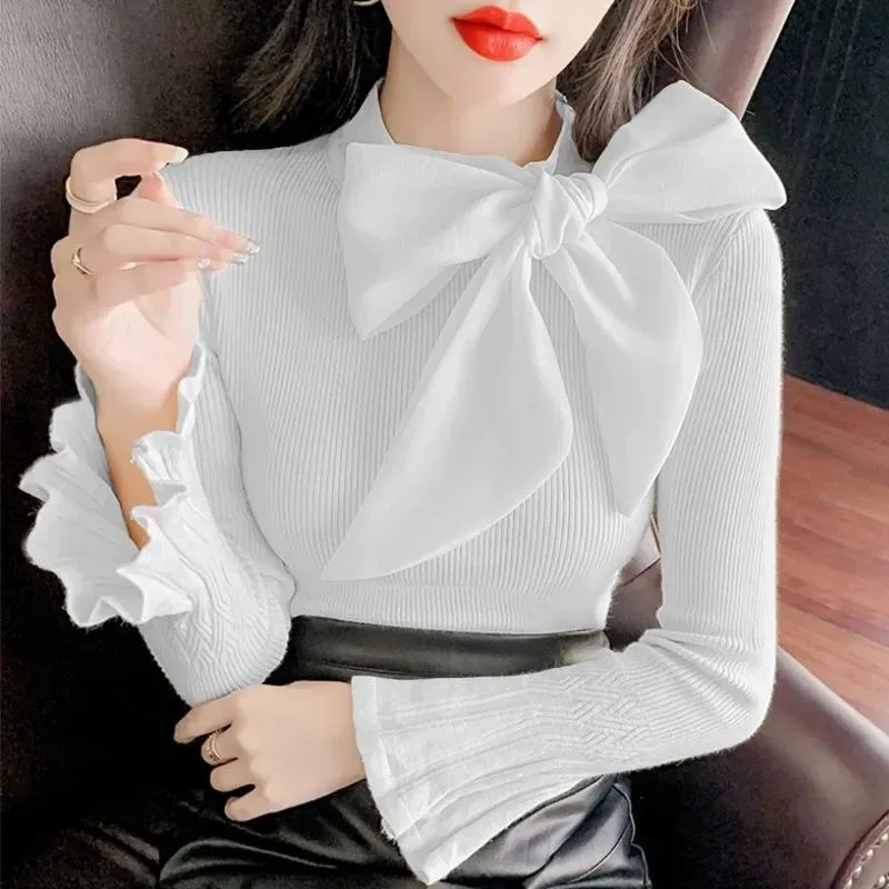 Elegant Lady Bow Knitted Sweater Pullover Women\'s Autumn 2024 New Temperament Outfit Inner Wear Flare Long-sleeved Top